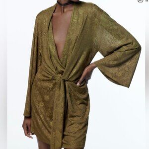 Zara Women's NWT JACQUARD DRESS WITH KNOT in Khaki. Sz S. NWT